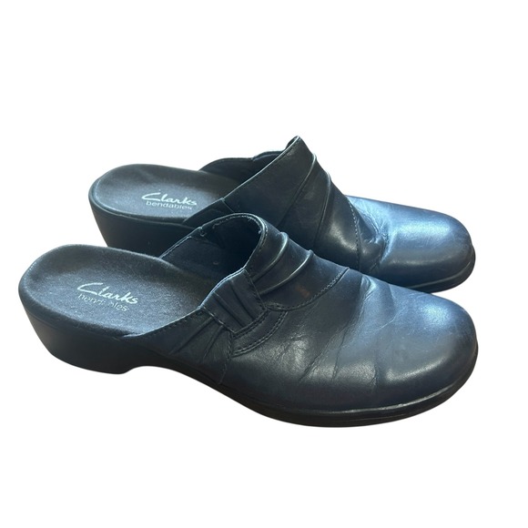 Clarks Bendables Heeled Mules Black Blue‎ Size 8 leather - Picture 1 of 5